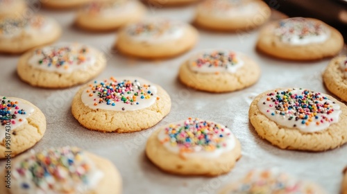 Cookies with various toppings like sprinkles and icing, laid out on a baking tray ready to go into the oven. -