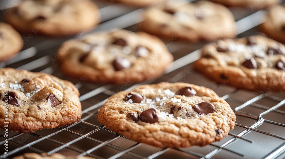 Freshly baked chocolate chip cookies cooling on a wire rack, with a sprinkle of sea salt and a cozy kitchen background Freshly baked chocolate chip cookies cooling on a wire rack, with a sprinkle of sea salt and a cozy kitchen background