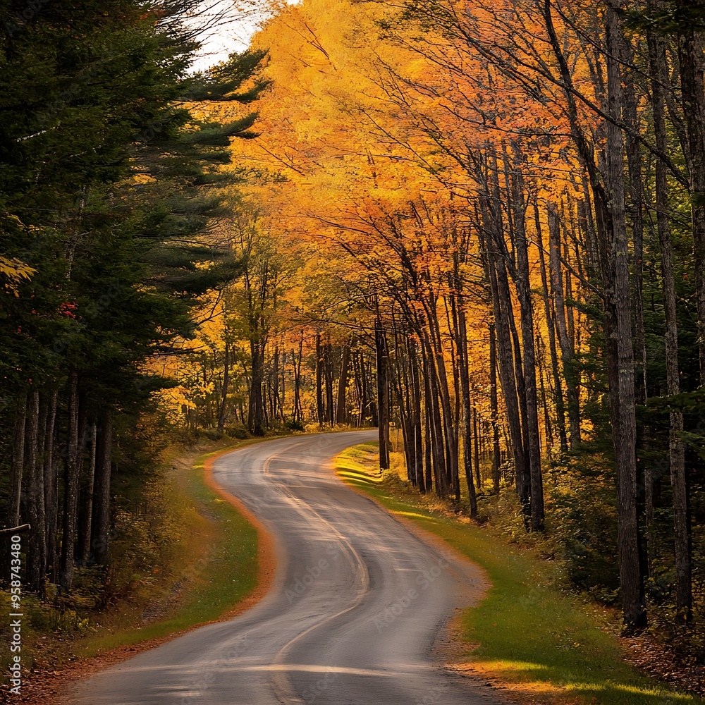 Golden Autumn Road Trip: A winding road carves through a vibrant forest ablaze with fall colors, beckoning travelers on a scenic journey. Autumnal path through a vibrant forest, leaves painted in hues Golden Autumn Road Trip: A winding road carves through a vibrant forest ablaze with fall colors, beckoning travelers on a scenic journey. Autumnal path through a vibrant forest, leaves painted in hues