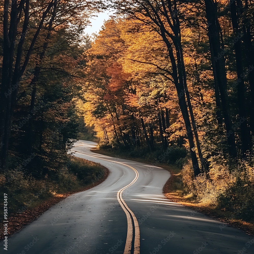 Fototapeta premium Scenic autumn road through a colorful forest with fall foliage and fog