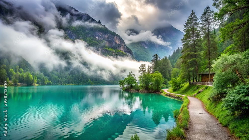 Turquoise waters overflow lake's edge, flooding lush green vegetation ...