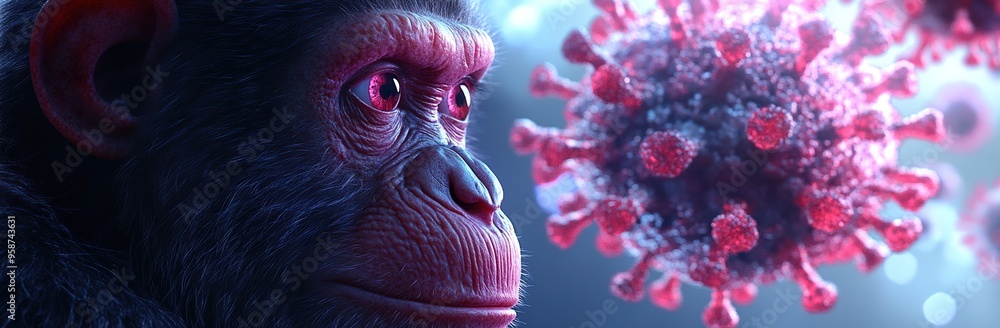 A monkey is surrounded by an environment of red and green coronavirus cells,Monkey Virus Outbreak: Viral Transmission Concept A monkey is surrounded by an environment of red and green coronavirus cells,Monkey Virus Outbreak: Viral Transmission Concept