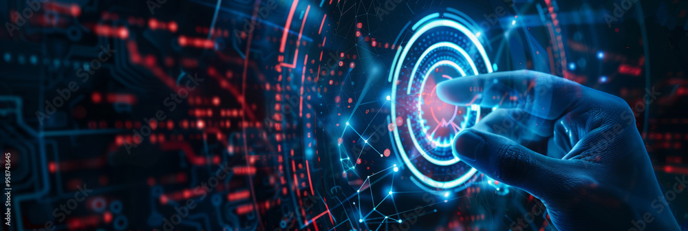 Obraz premium Digital hand interacting with glowing futuristic interface. Advanced technology and human-computer interaction