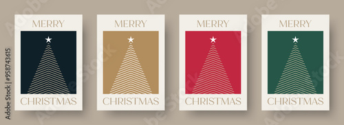 Christmas Card Vector Design Template. Set of Christmas Card Designs with Geometric Christmas Tree Illustration. Merry Christmas Greeting Card Concepts