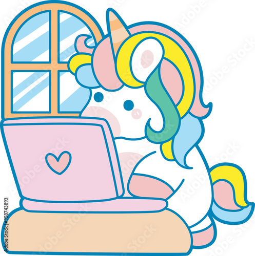 Illustration of cute unicorn activities icon.
Funny rainbow unicorn daily routine stickers.