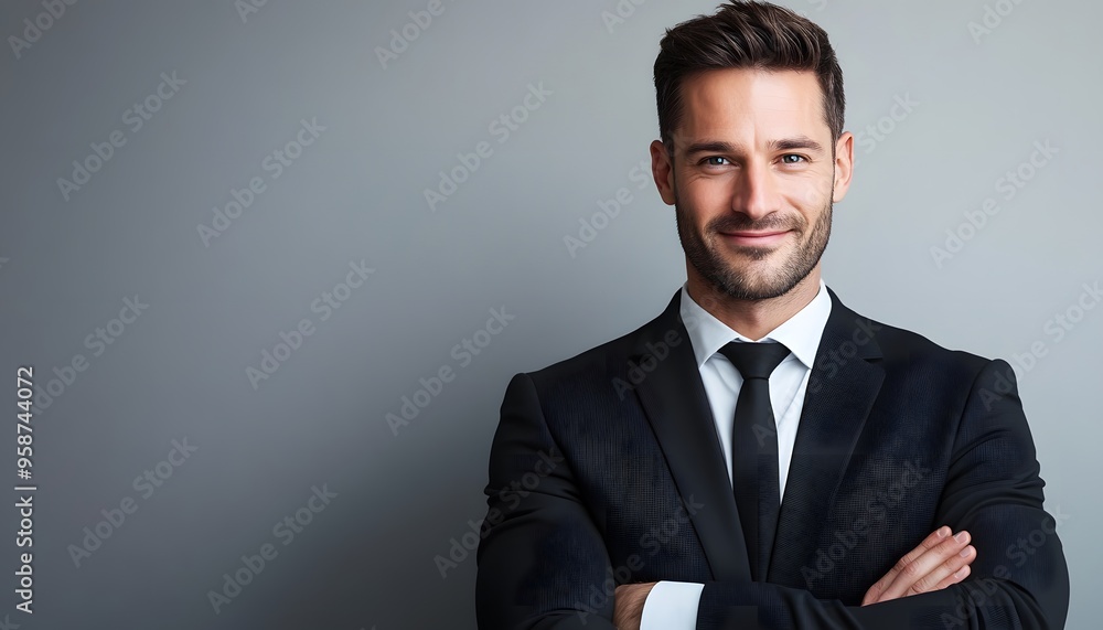 Confident Man in Black Suit and Tie with Arms Crossed Confident Man in Black Suit and Tie with Arms Crossed