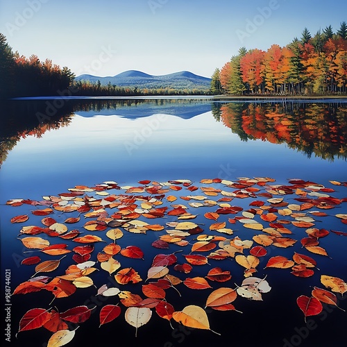 Autumnal landscape with colorful foliage reflected in still lake waters photo