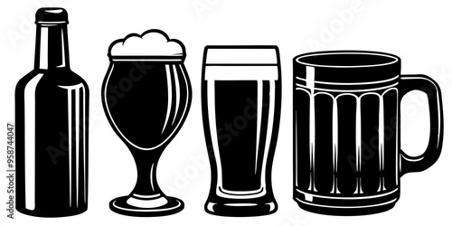 beer bottle and glass, vector silhouettes of drinkware and beverage containers