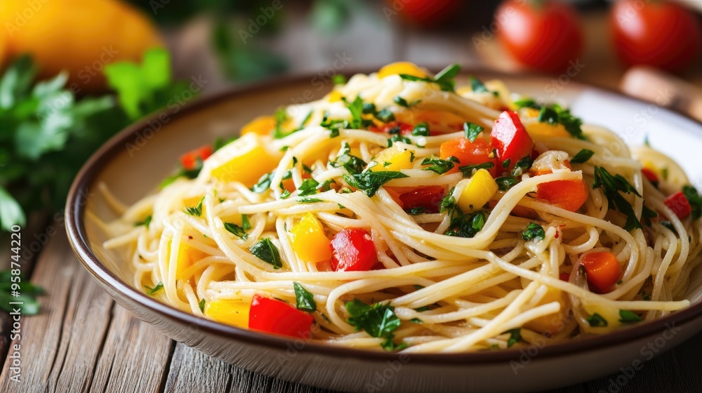 Spaghetti primavera with a colorful mix of vegetables, olive oil, and herbs, perfect for a healthy, vibrant meal concept. Spaghetti primavera with a colorful mix of vegetables, olive oil, and herbs, perfect for a healthy, vibrant meal concept.
