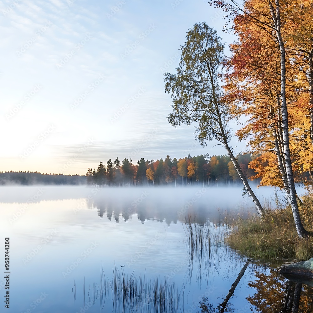 Autumnal tranquility: A serene lake mirrors the vibrant foliage of the forest, creating a breathtaking natural masterpiece Autumnal tranquility: A serene lake mirrors the vibrant foliage of the forest, creating a breathtaking natural masterpiece