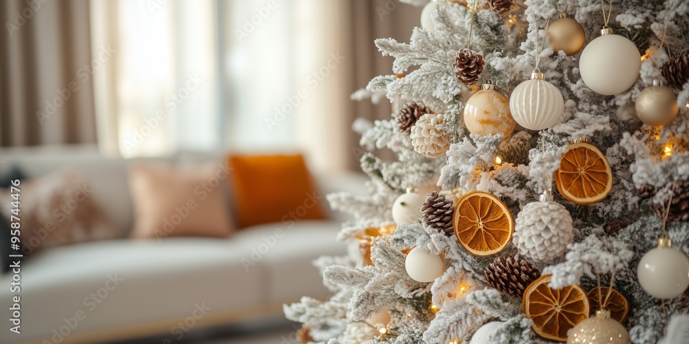 A close-up of a white Christmas tree decorated with dried orange slices, dry berries, cones, pampas grass, paper ornaments, and paper honeycombs in front of the sofa A close-up of a white Christmas tree decorated with dried orange slices, dry berries, cones, pampas grass, paper ornaments, and paper honeycombs in front of the sofa