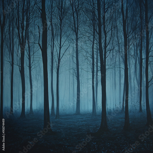 Abstract dark forest at night with mysterious fog.Abstract dark forest at night with mysterious fog. photo