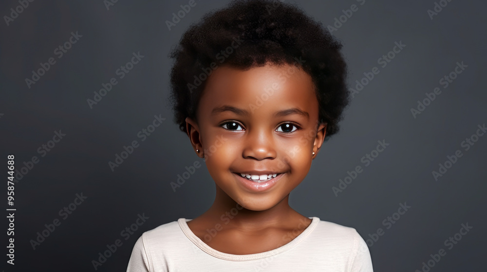 Portrait of smiling cute African American child girl with short haircut problems, gray background, banner. Portrait of smiling cute African American child girl with short haircut problems, gray background, banner.