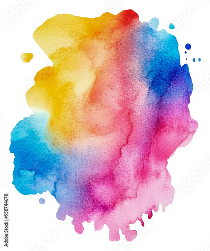 Colorful watercolor splash on white background, cut out - stock png.