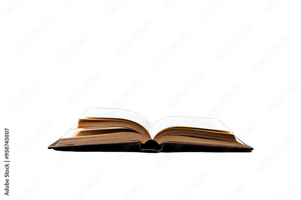 Naklejka premium An open book lying on a polished wooden table , isolated on white background