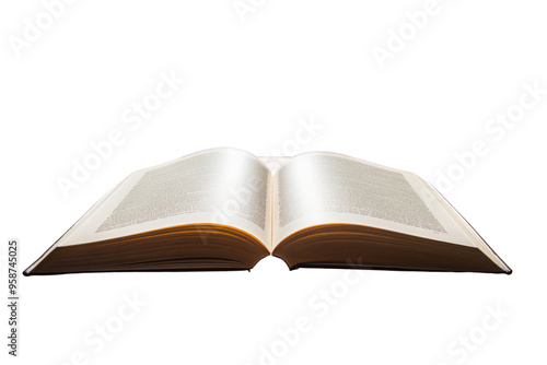 An open book lying on a polished wooden table , isolated on white background