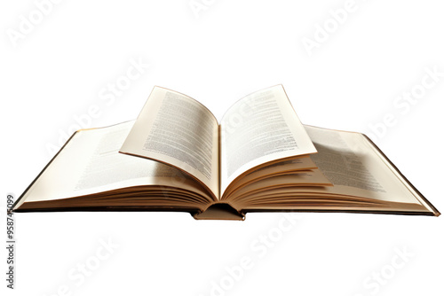 An open book lying on a polished wooden table , isolated on white background