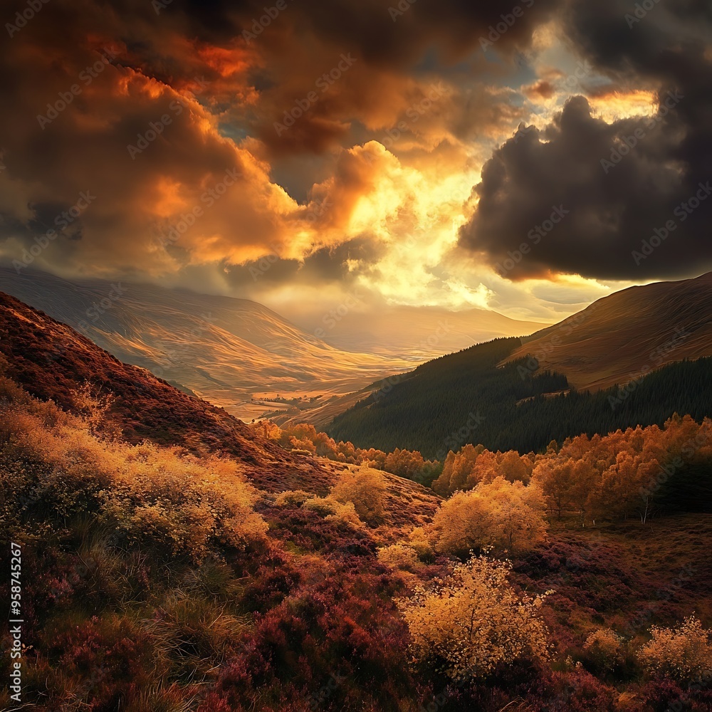 Obraz premium Golden hues paint the sky as the sun dips below the distant mountains, casting long shadows across the valley