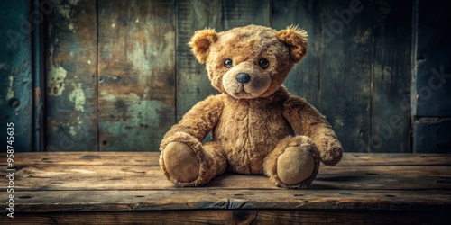 Venerable, worn teddy bear with faded velvet fur, worn glass eyes, and a nostalgic aura, placed on a photo