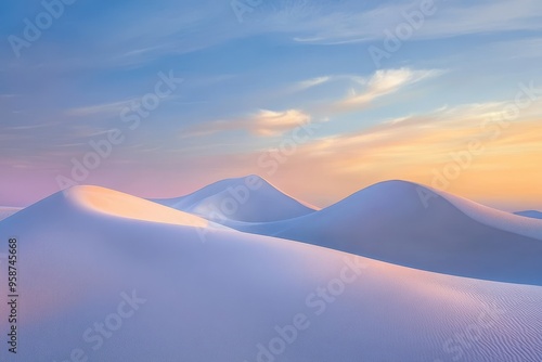 Serene desert landscape with gentle dunes under a colorful sky at sunset.