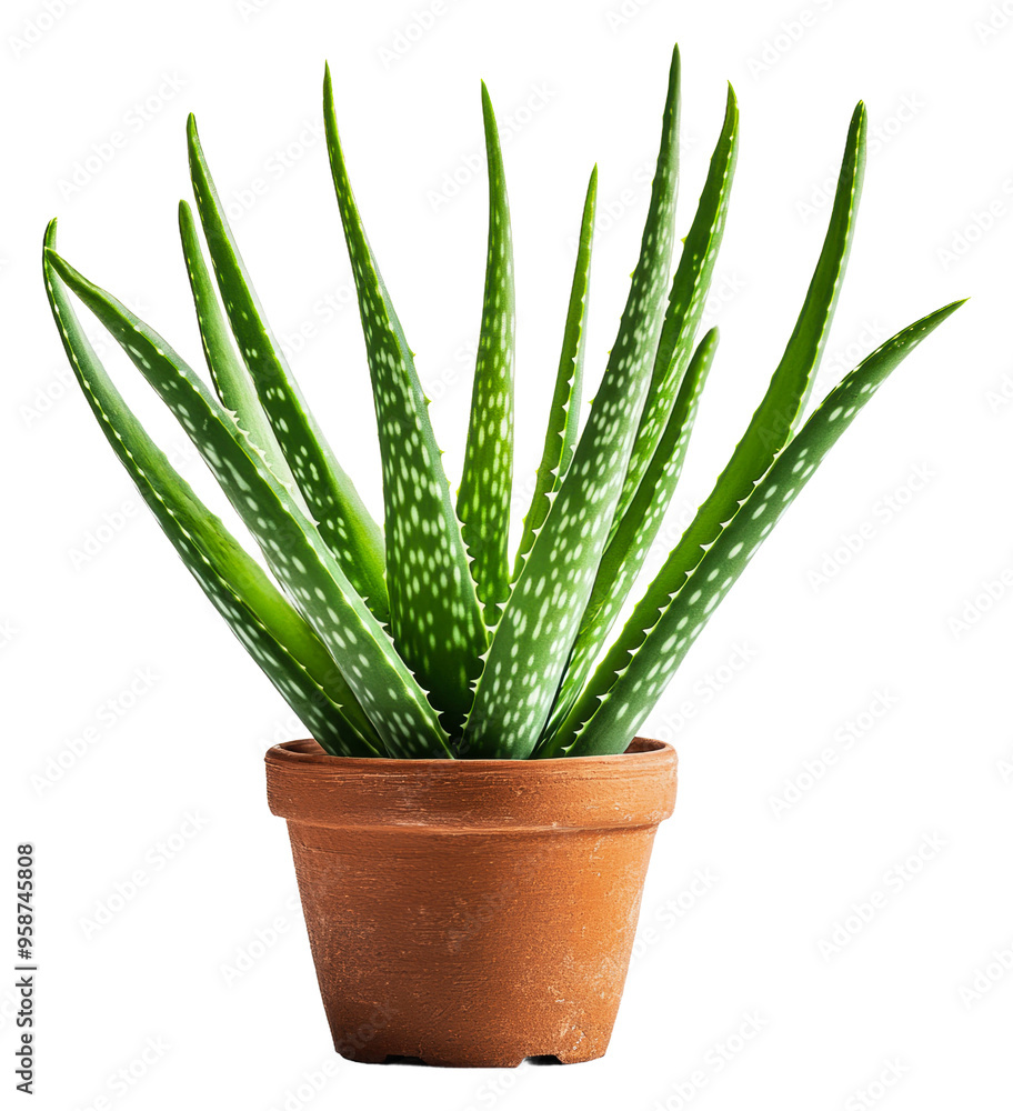 Aloe vera plant in a terracotta pot on a table, cut out - stock png. Aloe vera plant in a terracotta pot on a table, cut out - stock png.