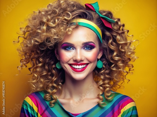 Vibrant 80s-inspired hairstyle featuring tight, curly ringlets framing a bright smile, accentuated by retro-style photo