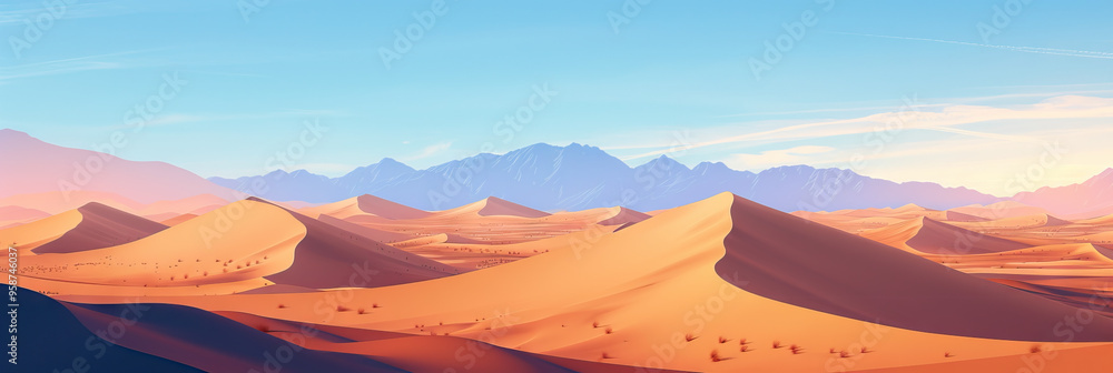 Naklejka premium The Desolate Dunes: A vast expanse of rolling sand dunes, stretching towards the distant mountains.