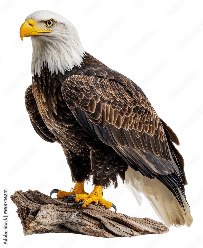 Majestic eagle perched on a branch in natural pose, cut out - stock png.