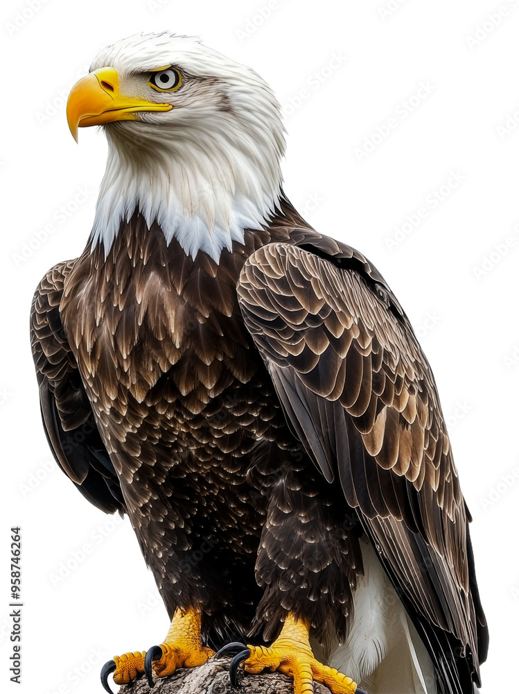 Fototapeta premium Majestic bald eagle perched on a rocky outcrop, cut out - stock png.