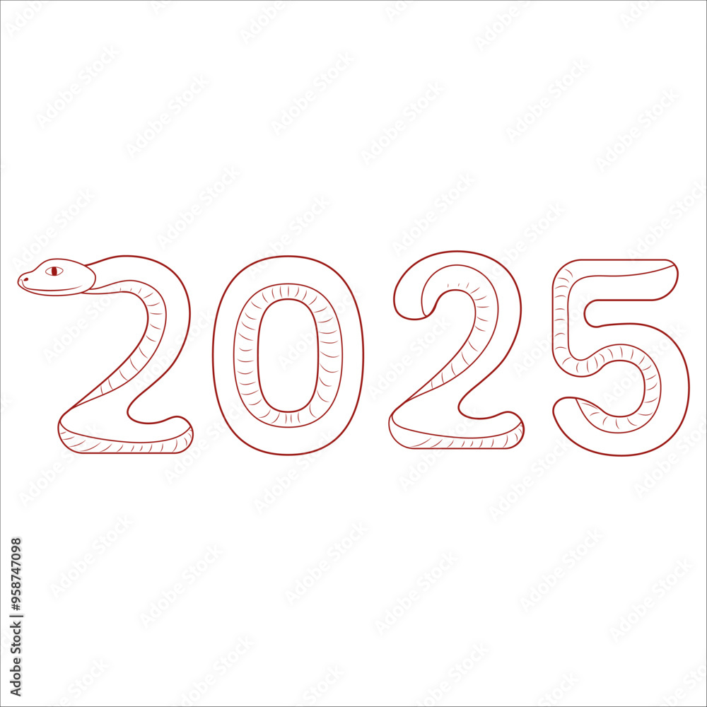 Chinese 2025 Contour New Year Numeric. Zodiac Asia Silhouette Snake