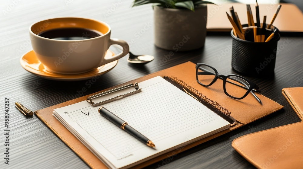 Blank Notebook with Pen Coffee and Glasses on Desk Blank Notebook with Pen Coffee and Glasses on Desk