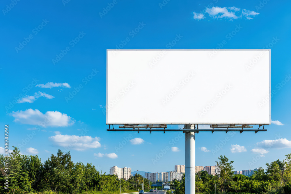 Fototapeta premium Blank billboard against a blue sky with clouds, offering space for advertising, positioned above trees and buildings.
