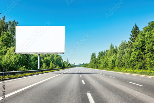 A blank billboard stands next to an empty highway surrounded by green trees and under a blue sky, perfect for roadside advertising.