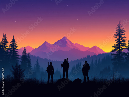 Three hikers silhouetted against a mountain range at sunset  surrounded by pine trees  with a vibrant sky shifting from orange to purple  symbolizing adventure.