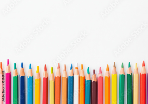 Colorful pencils with sharpened tips arranged in a neat row against a white background, representing creativity and art.