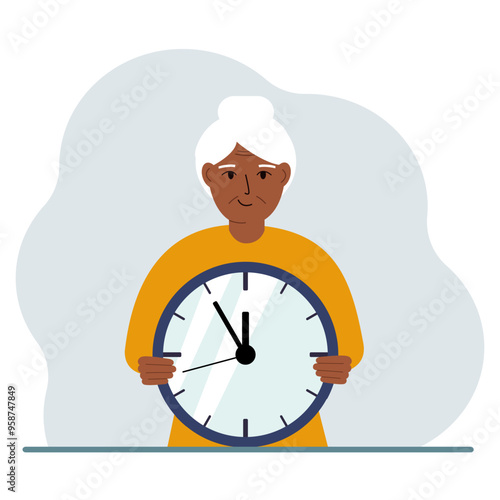 The old woman is holding a big clock in his hands. Time management, planning, organization of working time, effective business, deadline. Vector flat illustration