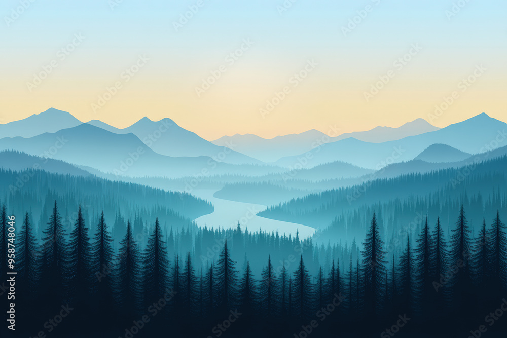 Obraz premium Dawn over misty mountains with layers of blue hills, a river, and pine trees, creating a calm and serene scene.