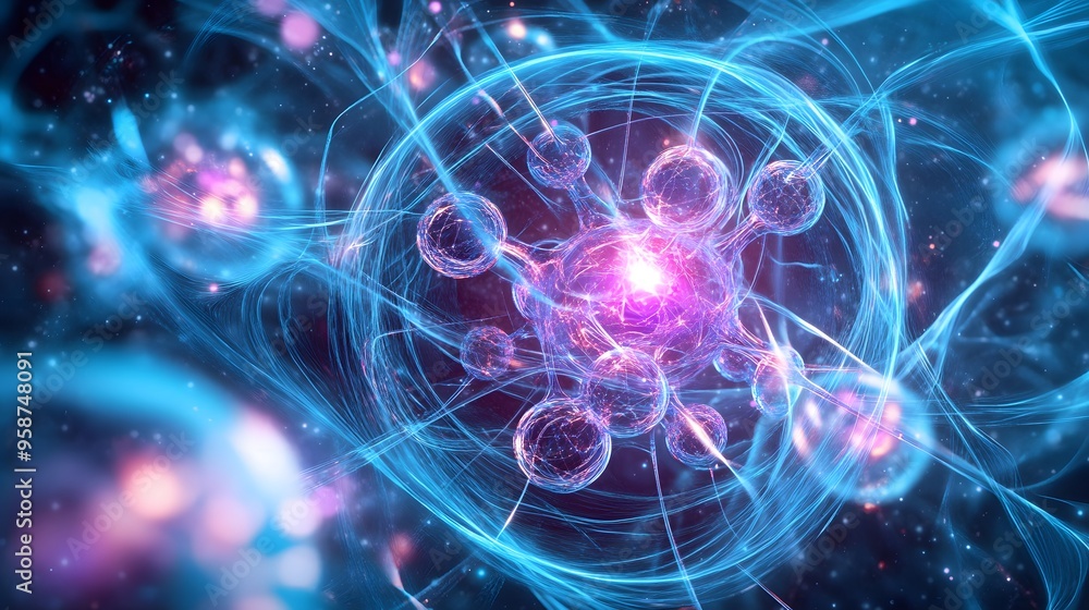 59. Futuristic artistic view of a central nutrient atom with radiant, swirling molecular structures 59. Futuristic artistic view of a central nutrient atom with radiant, swirling molecular structures