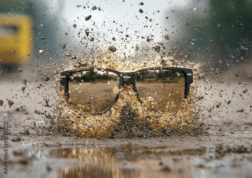 Black sunglasses half buried in dirt, with debris flying around them. photo