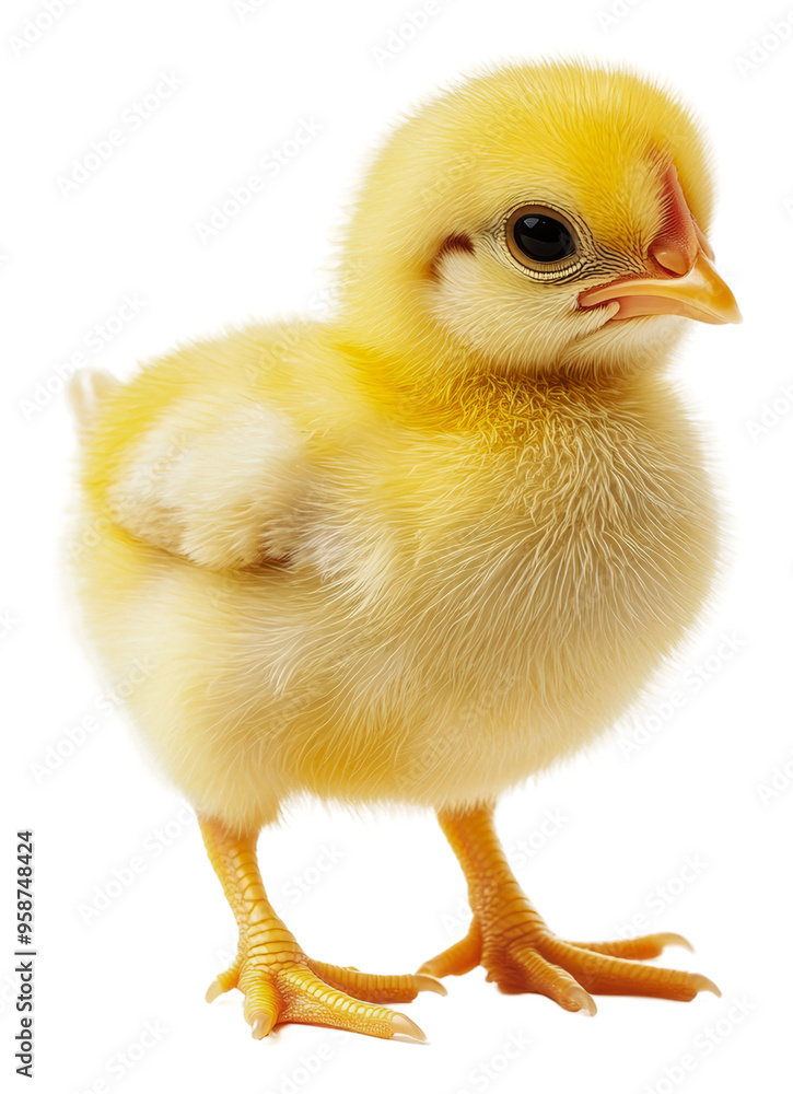 Fototapeta premium Cute yellow chick standing on a white surface, cut out - stock png.