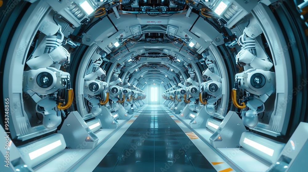 A metallic tunnel with robotic arms and machinery lining the sides A metallic tunnel with robotic arms and machinery lining the sides