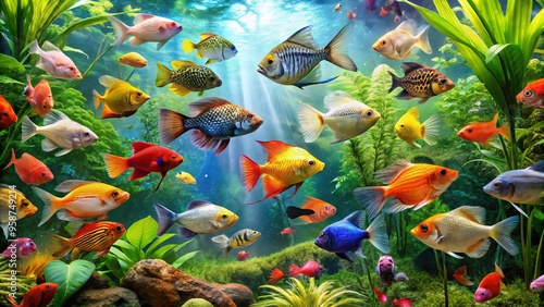 Vibrant array of exotic and familiar fish species, including angelfish, neon tetras, guppies, and betta fish, swim in photo