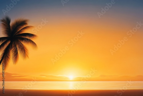 A tranquil beach sunset with vibrant colors and a silhouetted palm tree, perfect for creating a peaceful atmosphere.