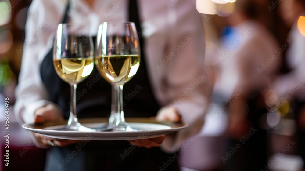 Waiter carrying a tray of wine glass in a luxury wine party Waiter carrying a tray of wine glass in a luxury wine party