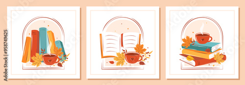 Books with autumn bright leaves. Set of layout design for bookshop, library, bookstore, festival or education. Vector illustration