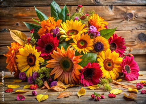 Vibrant autumn flowers, including sunflowers, gerbera daisies, and cosmos, are arranged in a warm-toned bouquet, set photo