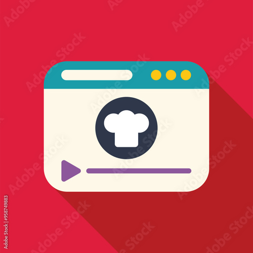 Online cooking video player interface showing chef hat icon, concept of online cooking class, culinary tutorial, food blog