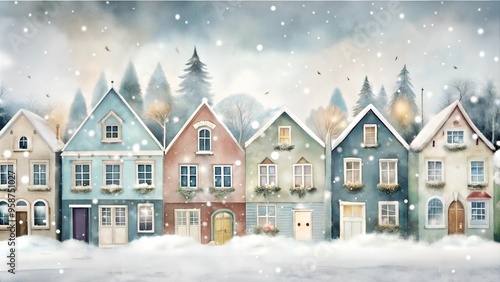 Charming row of colorful houses in snowy landscape with falling snowflakes