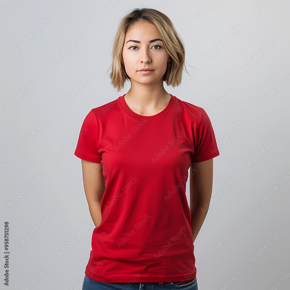 Obraz premium A young woman with short, light brown hair wearing a red t-shirt, standing confidently against a neutral background.