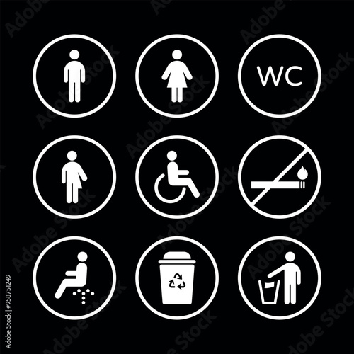 All gender restroom signs. Gender neutral toilet icons inversion. Vector flat pictograms with people, recycling, no smoking, bidet on black background for web, mobile app, office, mall, airport.	